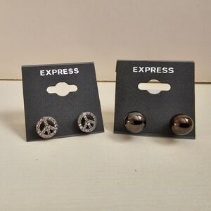 Express Silver Peace Sign Stud Earrings &‎ Gunmetal Ball Stud Earrings Set NWT